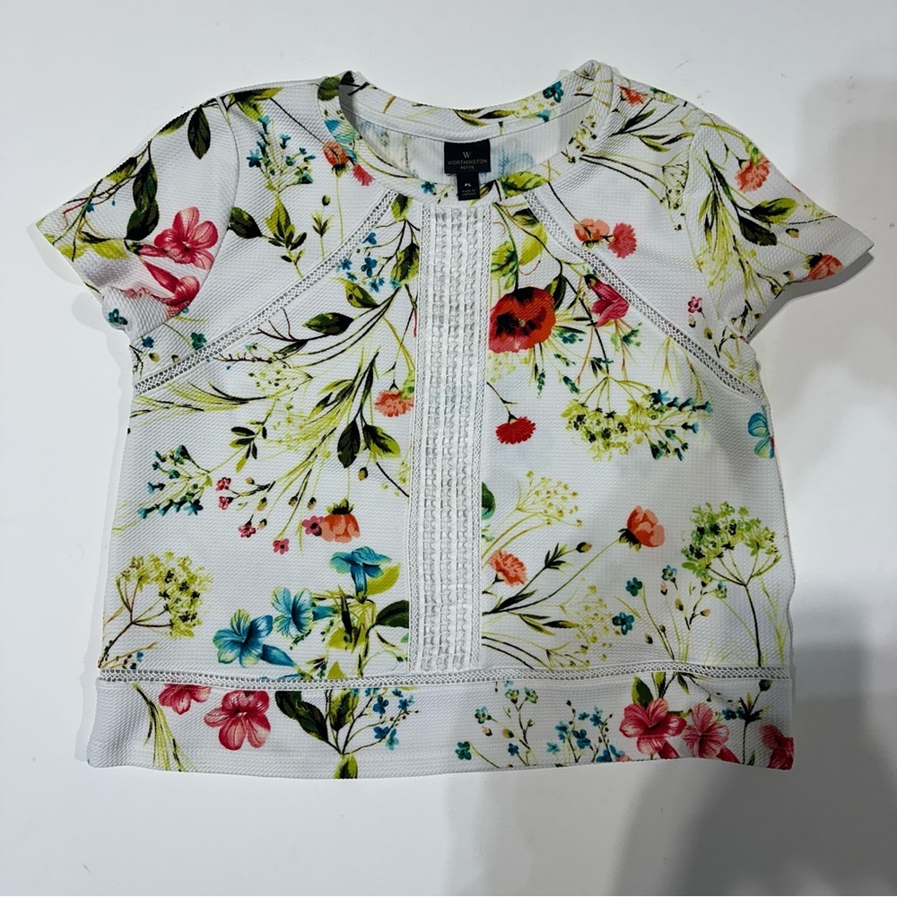 Worthington White Spring Floral Cropped Top petite L